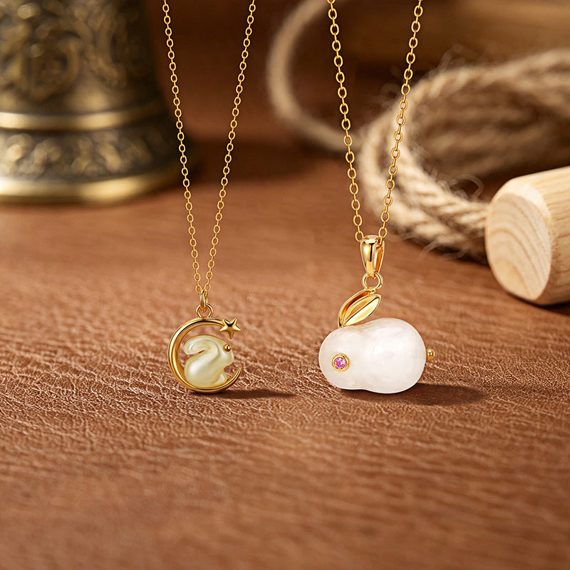 S925 Sterling Silver Hetian Jade Rabbit Necklace Women's New Chinese Style White Jade Pendant Chinese Style Zodiac Clavicle Chain Live Supply