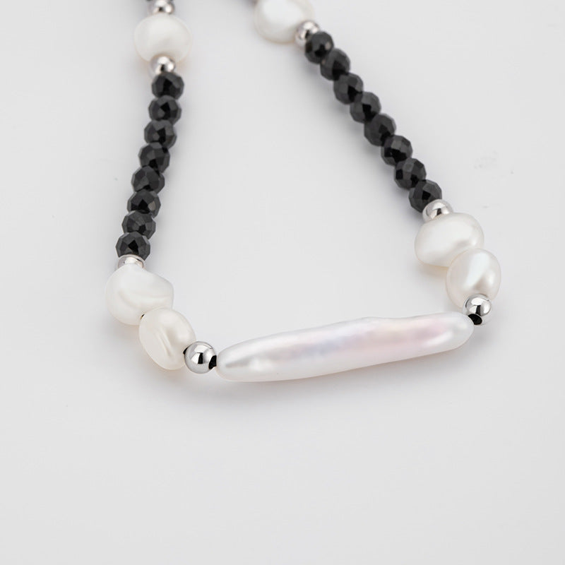 Natural Baroque Pearl Sterling Silver 925 Necklace Women's Light Luxury High-Grade Small Silver Bar Clavicle Chain Ins Style Crystal Pendant