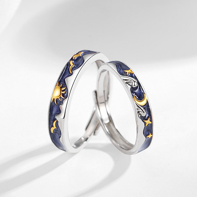 Sun Moon Star River Sterling Silver 925 Couple Ring Simple Niche Plain Ring Goddess Festival Sun Moon Adjustable Ring