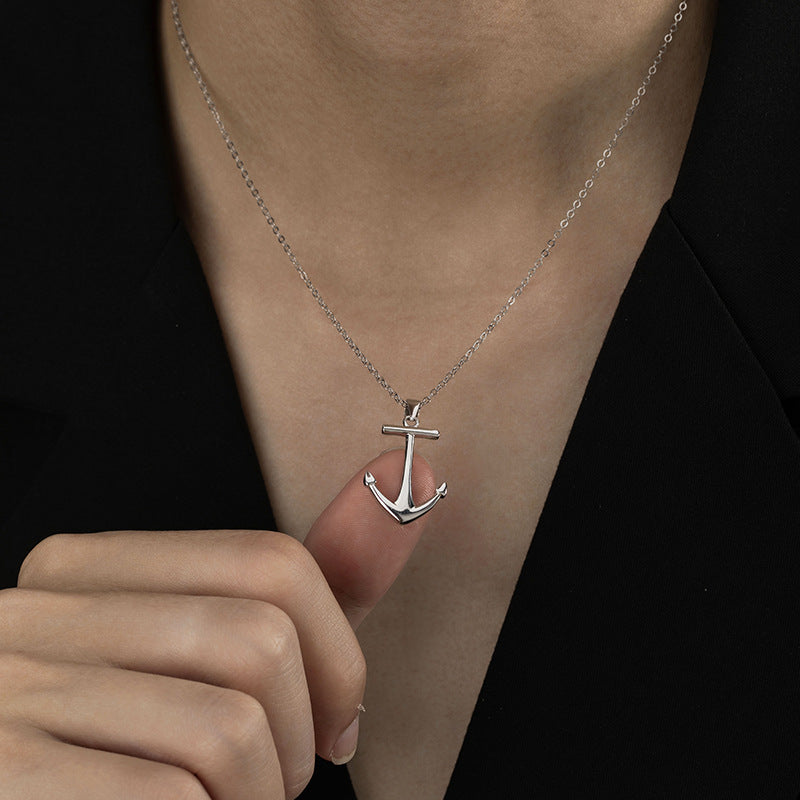 Anchor Sterling Silver 925 Necklace Men's Niche Light Luxury High-Grade Hip Hop Clavicle Chain Vintage Punk Cross Pendant