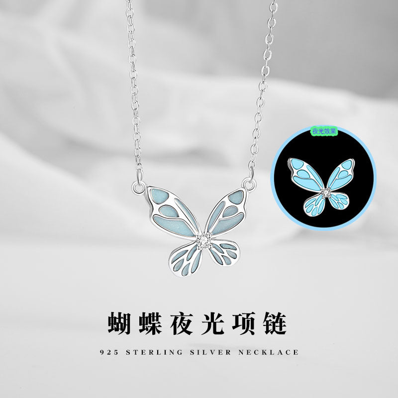 Butterfly Luminous Sterling Silver 925 Necklace Female Niche Design Light Luxury Zircon Clavicle Chain Ins Style Mori Pendant