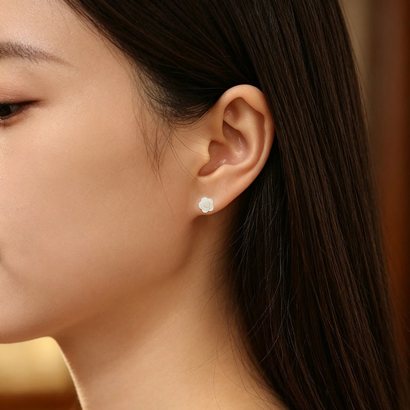 Hetian Jade Rose Stud Earrings Three-Dimensional Relief S925 Sterling Silver New Chinese Style Simple Earrings for Women Valentine's Day Gift