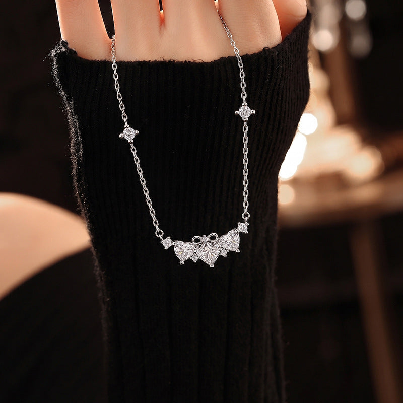 S925 Sterling Silver Bow Love Necklace Women's Heart-Shaped Zircon Clavicle Chain Light Luxury III Love Valentine's Day Gift