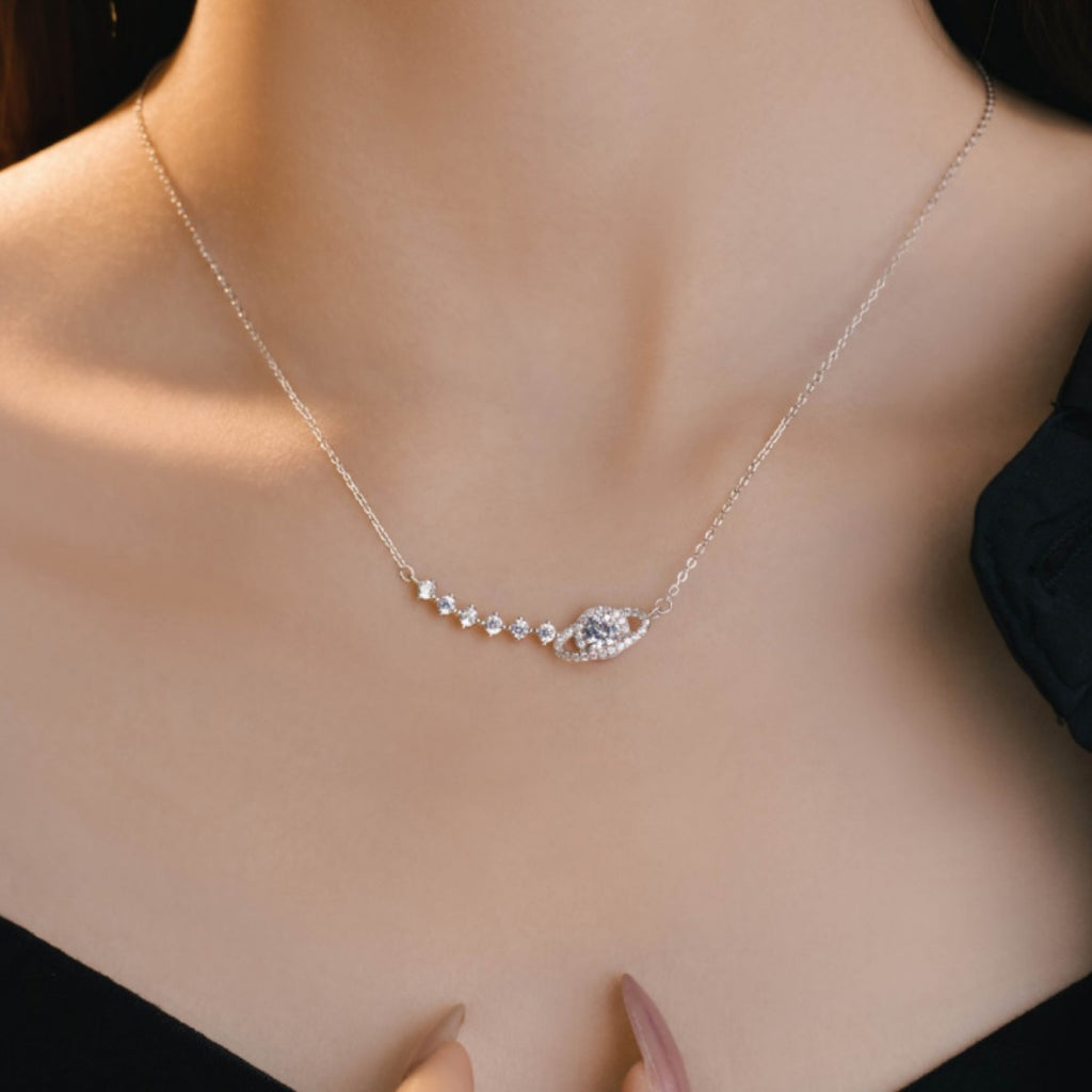 Fantasy Planet Sterling Silver 925 Necklace Female Niche Design Light Luxury Saturn Clavicle Chain Ins Style Star Pendant