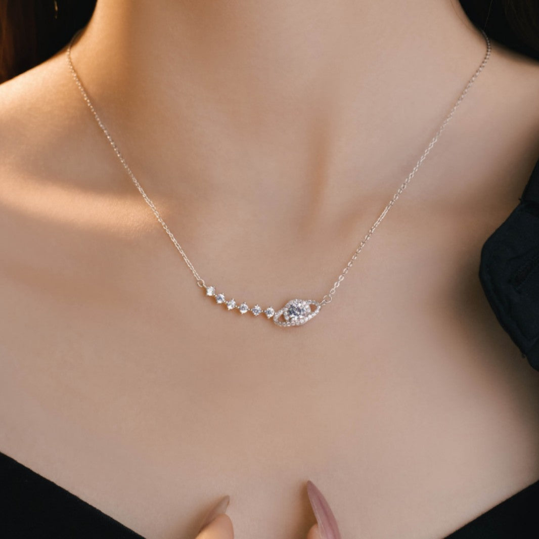 Fantasy Planet Sterling Silver 925 Necklace Female Niche Design Light Luxury Saturn Clavicle Chain Ins Style Star Pendant