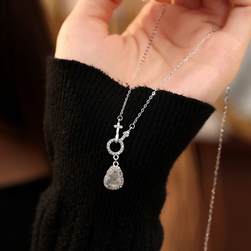 S925 Sterling Silver Necklace Female White Chalcedony Gourd Couple Symbol Clavicle Chain New Chinese Fu Lu Pendant Niche Gift