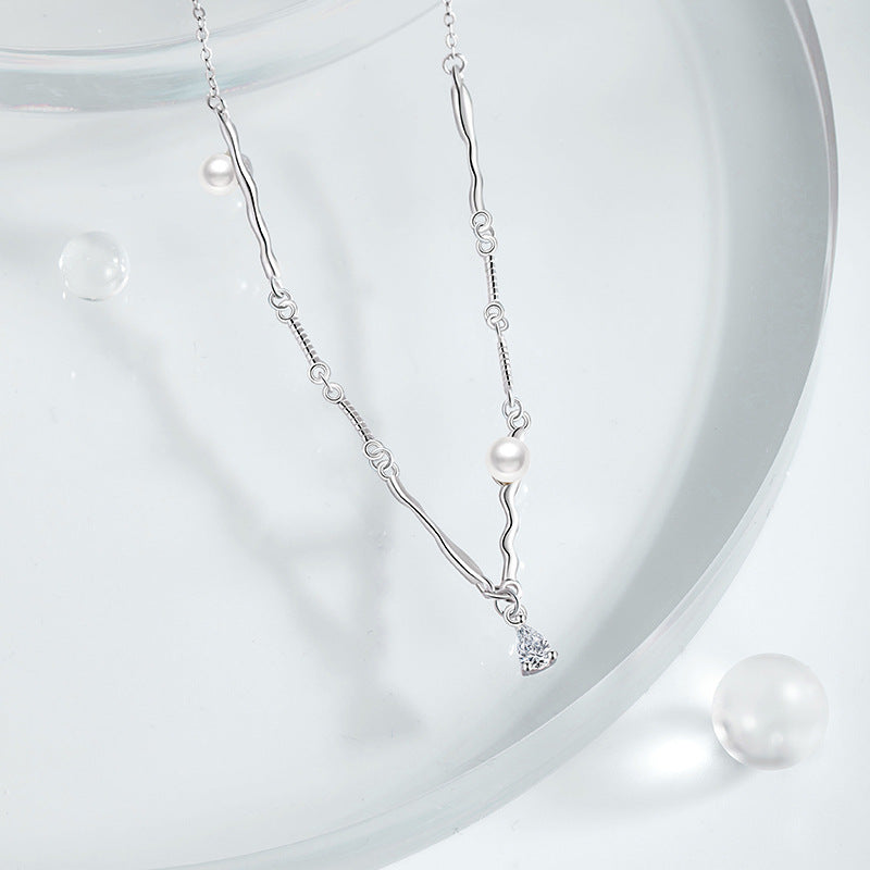 Lava Water Drop Sterling Silver 925 Necklace Women's Light Luxury High-Grade Shijia Pearl Sweater Chain Ins Style Zircon Pendant