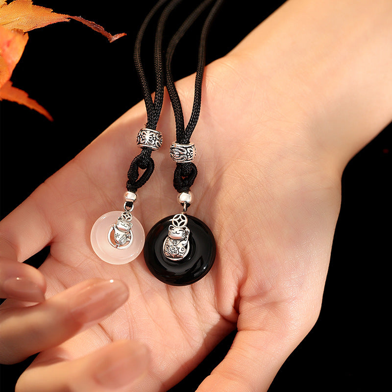 S925 Silver Jewelry National Style Couple's Safety Buckle Black Agate White Chalcedony Lucky Lucky Token Valentine's Day Gift