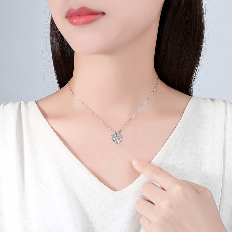Lovely Magnetic Sterling Silver 925 Necklace Light Luxury Pink Zircon Clavicle Chain One Two-Piece Lucky Clover Pendant