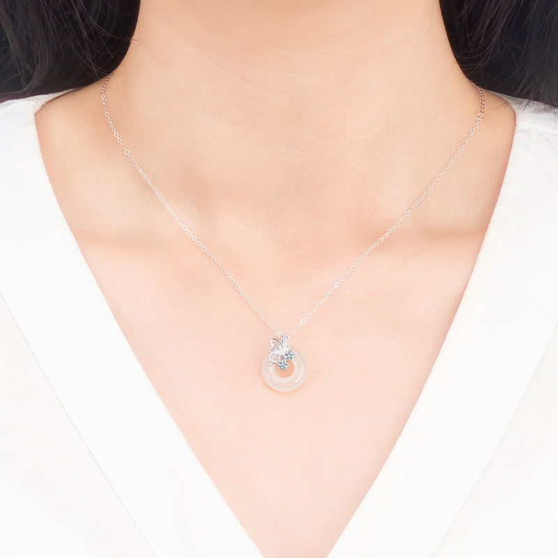 Sterling Silver Butterfly and Disc Necklace – Chalcedony