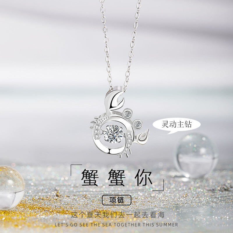 Small Crab Sterling Silver 925 Smart Necklace Women's Fashion Versatile Zircon Clavicle Chain Ins Style Cancer Pendant