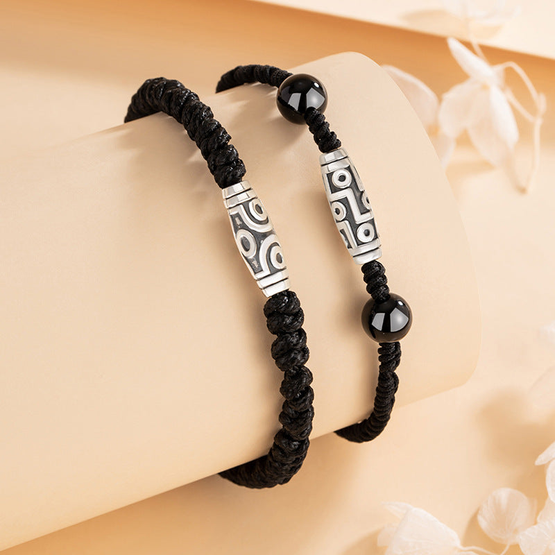 Nine-Eye Sky Beads Pure Silver 999 Couple's Hand Rope National Fashion Ethnic Style Lucky Beads Black Agate Hand Rope Tibetan Hand Rope
