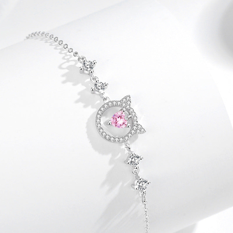 Sweet Cat Sterling Silver 925 Bracelet Female Niche Design Light Luxury Pink Diamond Star Bracelet Ins Style Lovely Bracelet
