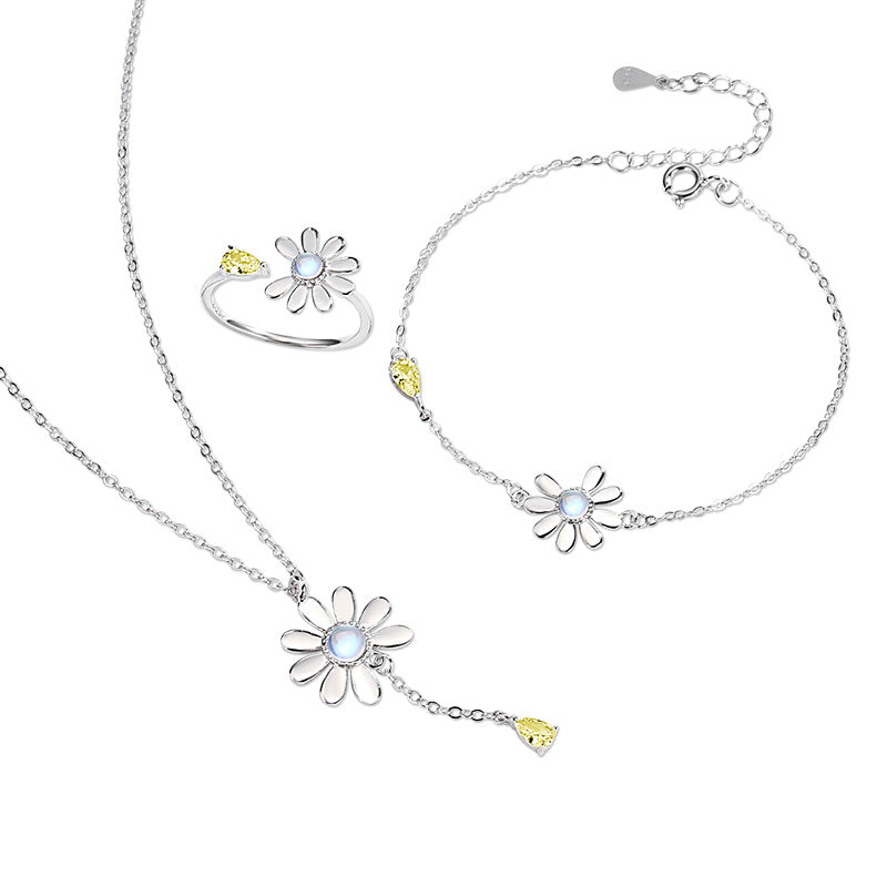 Daisy Sterling Silver 925 Necklace Set Female Niche Design Light Luxury Sunflower Bracelet Ins Glass Stone Ring