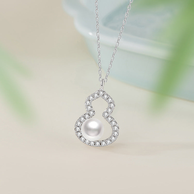 Fu Lu Double Full Sterling Silver 925 Necklace Women's Light Luxury High-Grade Natural Freshwater Pearl Clavicle Chain Ins Gourd Pendant