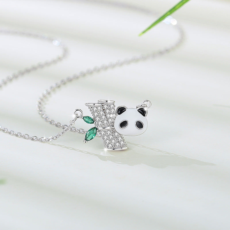 Panda Sterling Silver 925 Necklace Female Niche Design Light Luxury Zircon Clavicle Chain Get Things Ins Style Bamboo Pendant