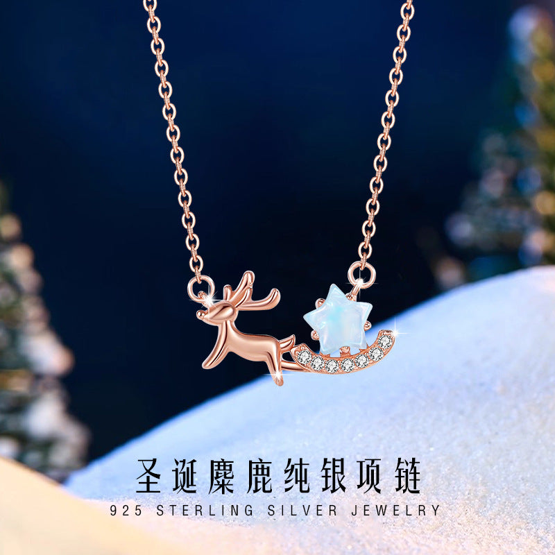 Christmas Elk Sterling Silver 925 Necklace Women's Fashion All-Match Glass Stone Star Clavicle Chain One Deer Has Your Pendant
