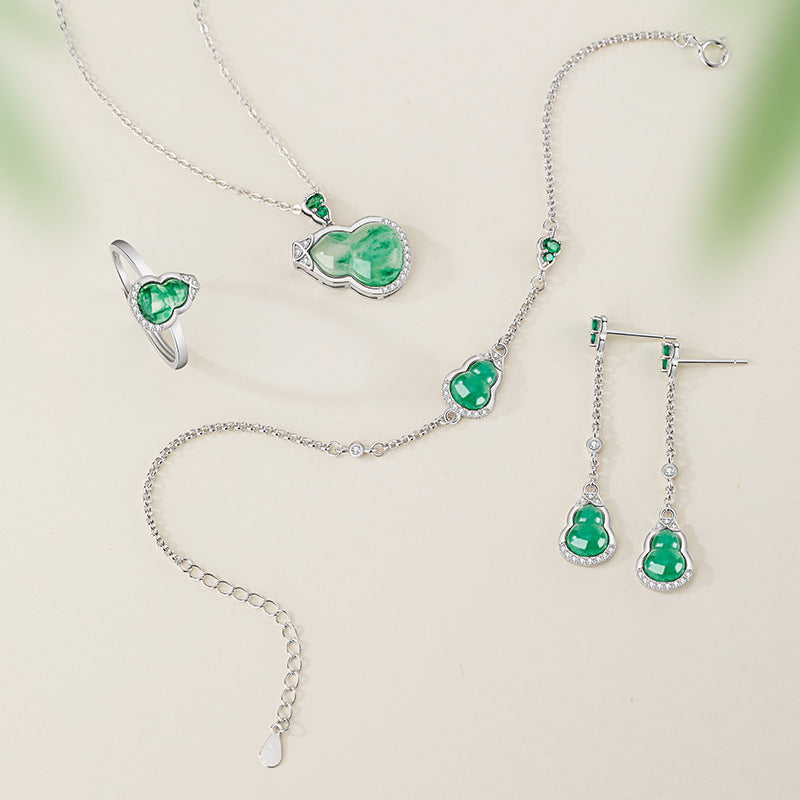 Fu Lu Double Full Sterling Silver 925 Stud Earrings Women's Light Luxury High-Grade Natural African Emerald Tassel Earrings Ins Gourd Stud Earrings
