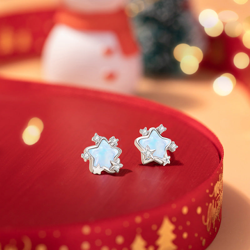 Star Sterling Silver 925 Stud Earrings Female Niche Design Light Luxury Glass Stone Earrings Christmas Ins Meteor Shower Earrings