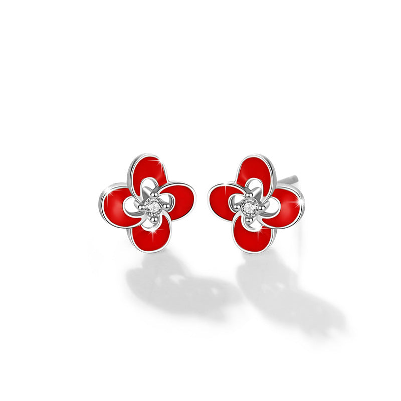 Lucky Clover Sterling Silver 925 Stud Earrings Women's Fashion All-Match Zircon Earrings Ins Style Flower Earrings