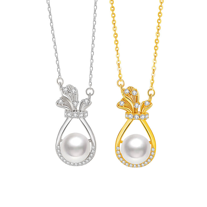 Lucky Bag Sterling Silver 925 Necklace Women's Light Luxury High-Grade Natural Freshwater Pearl Clavicle Chain Valentine's Day Gift Pendant
