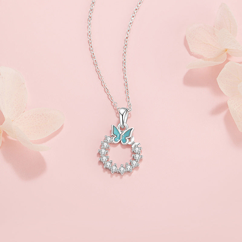 Butterfly Pure Silver 999 Luminous Necklace Female Sweet Cute Garland Zircon Clavicle Chain Small Red Book Same Pendant