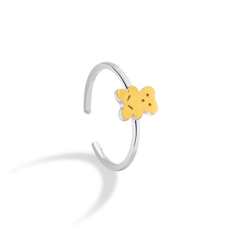 Teddy Bear Sterling Silver 925 Open Ring Female Niche Design Light Luxury Glossy Ring Ins Cute Cute Bear Ring