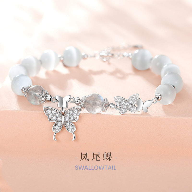 Butterfly Sterling Silver 925 Bracelet Female Niche Design Light Luxury Opal Bracelet for Girlfriend Ins Style Zircon Bracelet