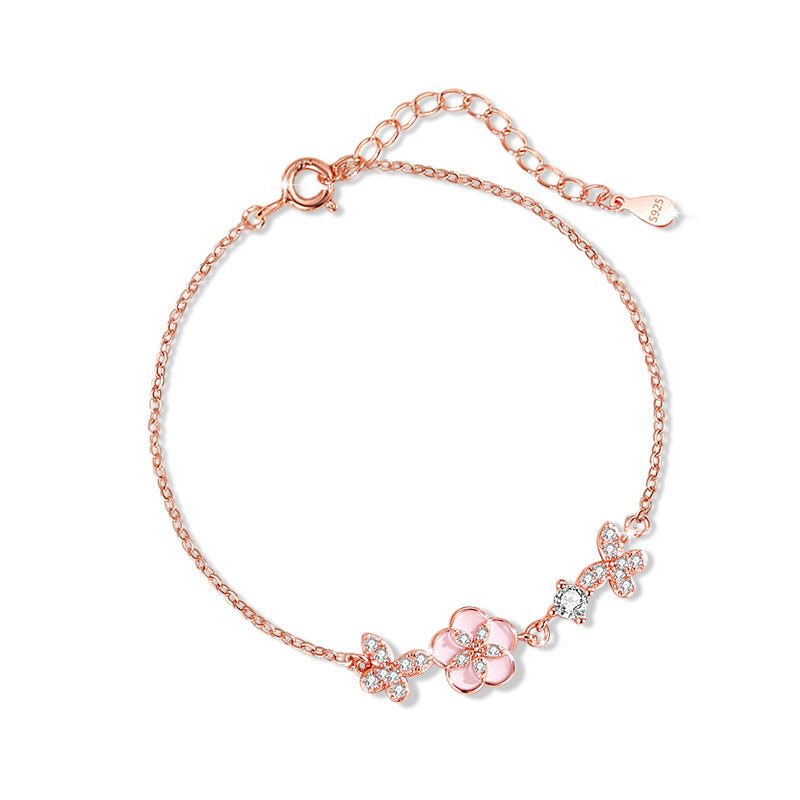 Sterling Silver Butterfly and Peach Blossom Bracelet – Zircon Accents