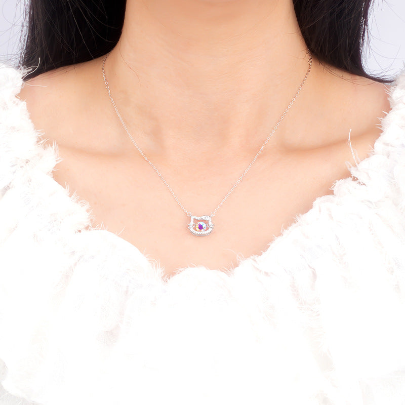 S925 Sterling Silver Smart Hello Kitty Necklace Beating Colorful Zircon Pendant Cross-Border Special for Cute Girl Jewelry