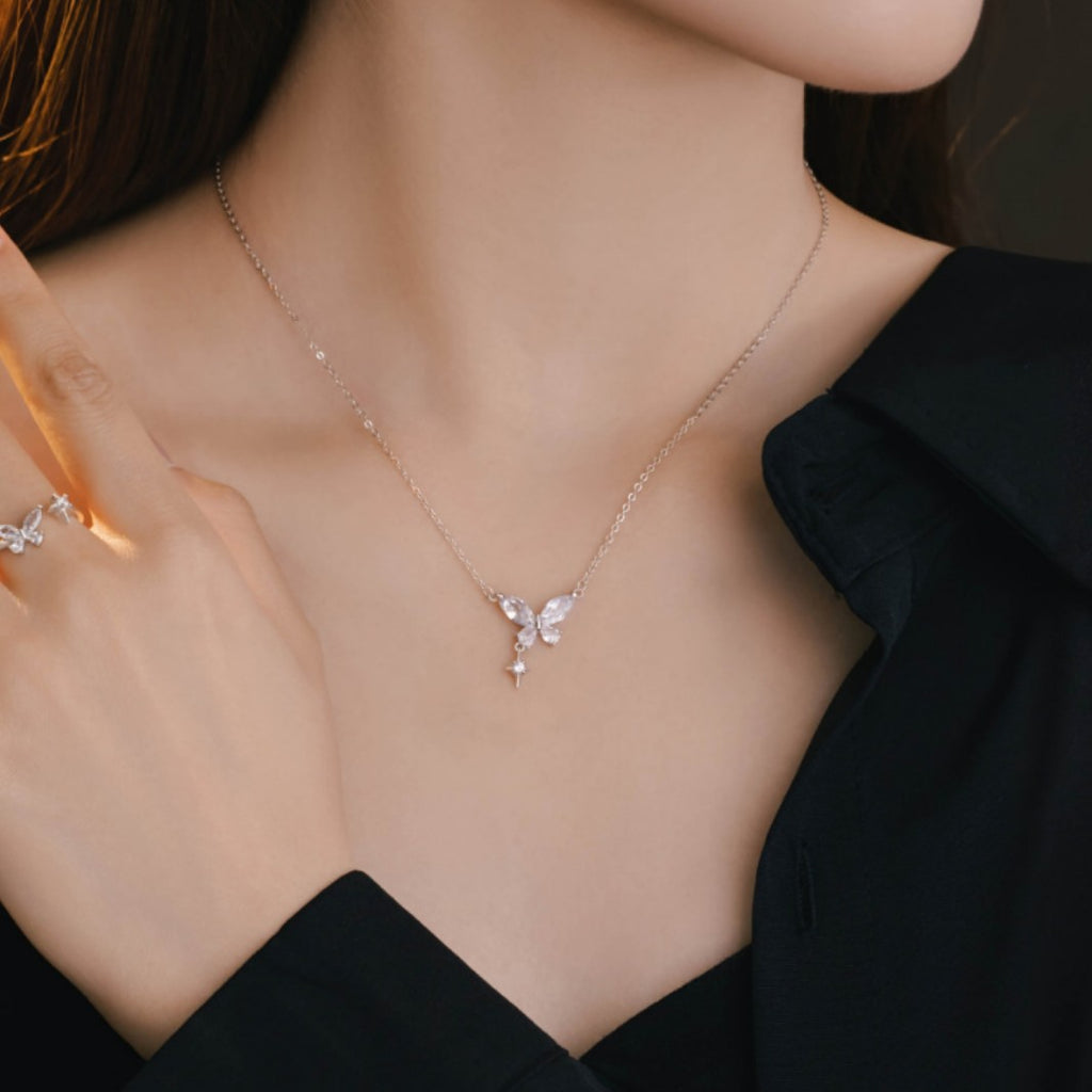 Butterfly Zircon Pure Silver 999 Necklace Women's Fashion Versatile Star Tassel Clavicle Chain Small Red Book Same Pendant