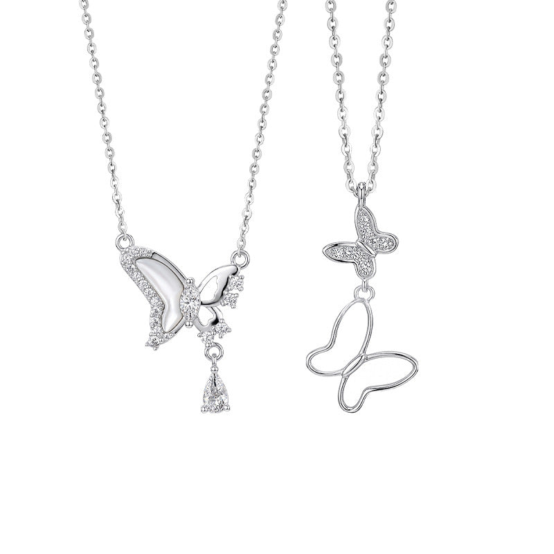 S925 Sterling Silver Necklace Female White Fritillary Butterfly Water Drop Tassel Pendant Light Luxury Girl Style Fresh Clavicle Chain