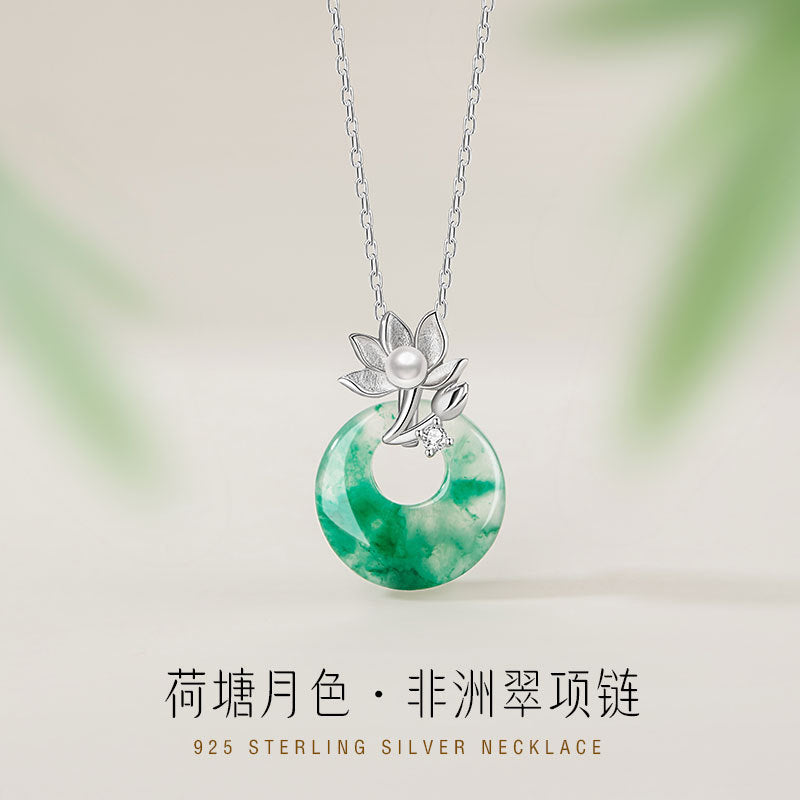 Sterling Silver Lotus and Disc Necklace – Jade