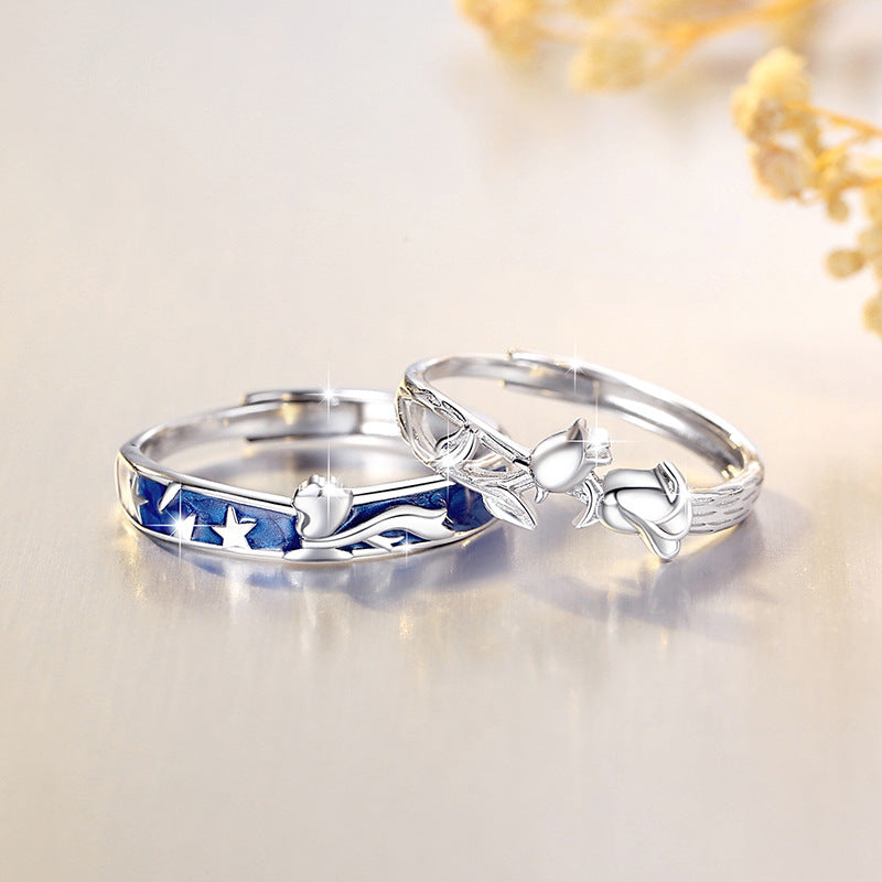 Little Prince and Rose Sterling Silver 925 Couple Ring Men and Women Fashion All-Match Ring Ins Style Star Ring