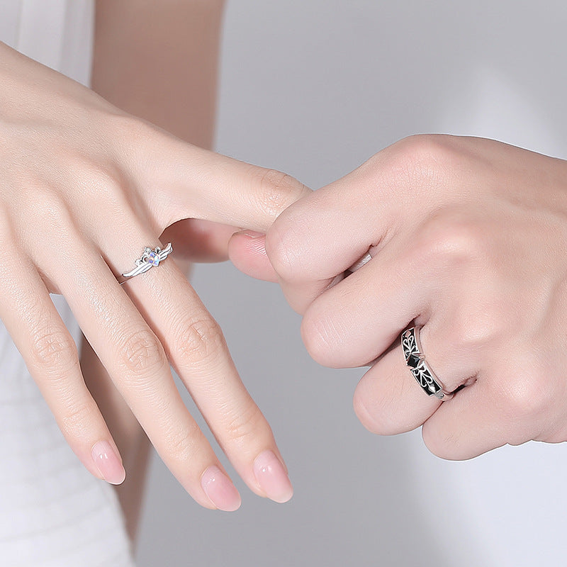Original Design Couple Ring a Pair of Moonstone 925 Sterling Silver Men's and Women's Ring Niche Design Sense Light Luxury Sense