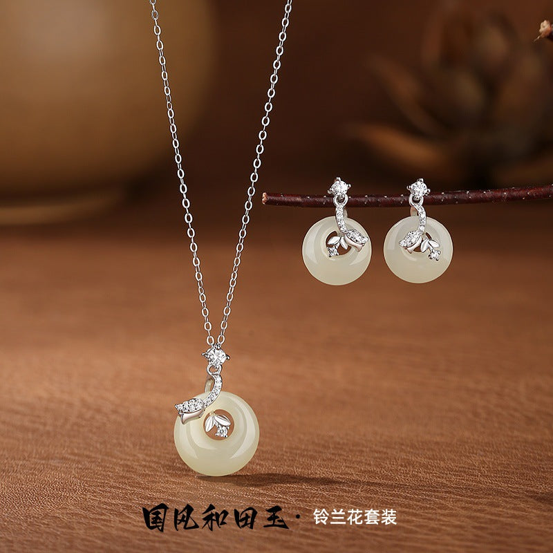 National Style Hetian Jade Princess Buckle S925 Sterling Silver Necklace Earrings Light Luxury Niche High-Grade Retro New Chinese Style Suit