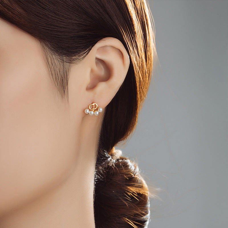 Letter CD Sterling Silver 925 Pearl Stud Earrings Female Niche Design Light Luxury Earrings Ins Style Cross-Border Foreign Trade Earrings