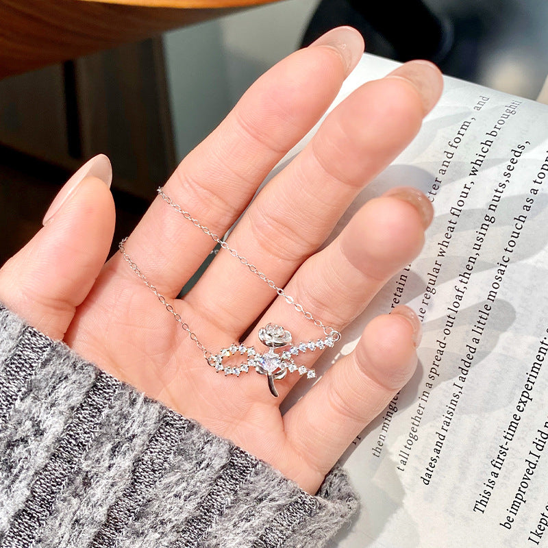Rose Starry S925 Sterling Silver Necklace for Women Light Luxury High-Grade Clavicle Chain Valentine's Day Birthday Gift for Girlfriend