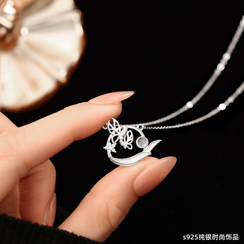 S925 Sterling Silver Necklace Female Butterfly Luminous Enamel Craft Moonstone White Agate Light Luxury Niche Girlfriends Clavicle Chain