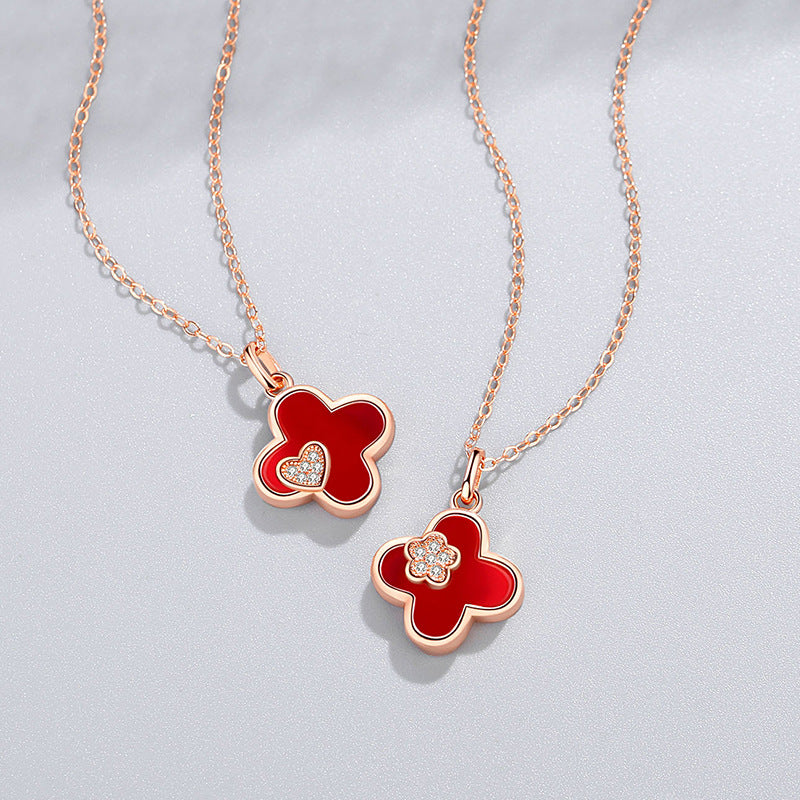 Original Clover Sterling Silver 925 Necklace Women's Light Luxury Chinese Valentine's Day Gift for Girlfriend Ins Simple Red Agate Pendant