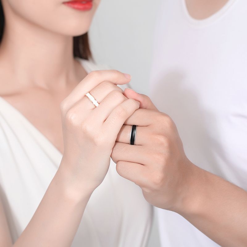 Black and White Sterling Silver 925 Couple Ring Light Luxury Long-Distance Love Flat Ring Valentine's Day Open Adjustable Plain Ring
