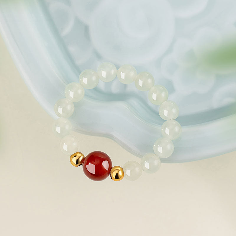 Natural Hetian Jade 925 Sterling Silver Ring Women's Light Luxury High-Grade New Chinese Style Ins Red Agate Beaded Ring