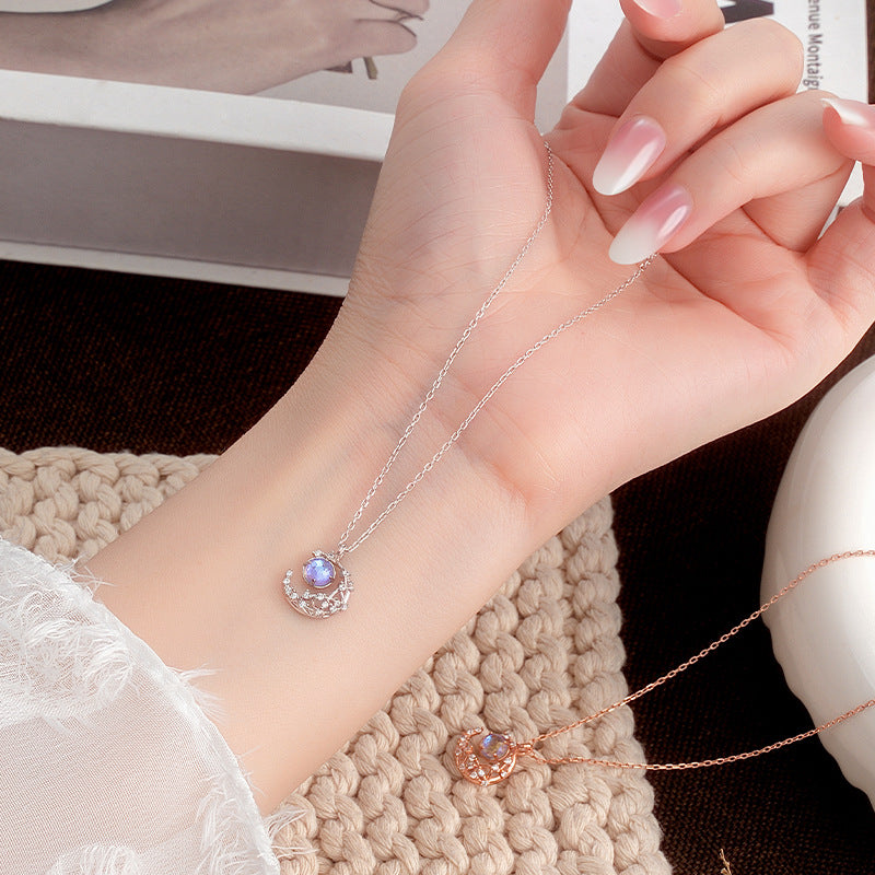 S925 Silver Original Design Star Moon Necklace Moonstone Starry Sky Stone Clavicle Chain Factory Wholesale Daily Jewelry Supply