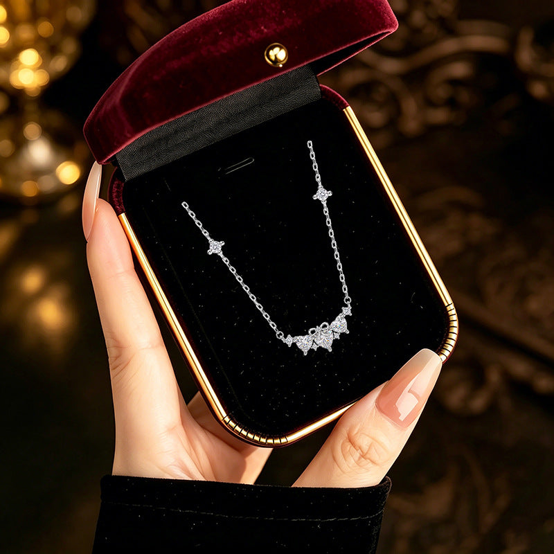 S925 Sterling Silver Bow Love Necklace Women's Heart-Shaped Zircon Clavicle Chain Light Luxury III Love Valentine's Day Gift