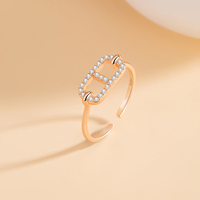 Pig Nose Sterling Silver S925 Ring Female Light Luxury Niche Design Zircon Ring Ins Sweet Style Small Square Candy Bracelet