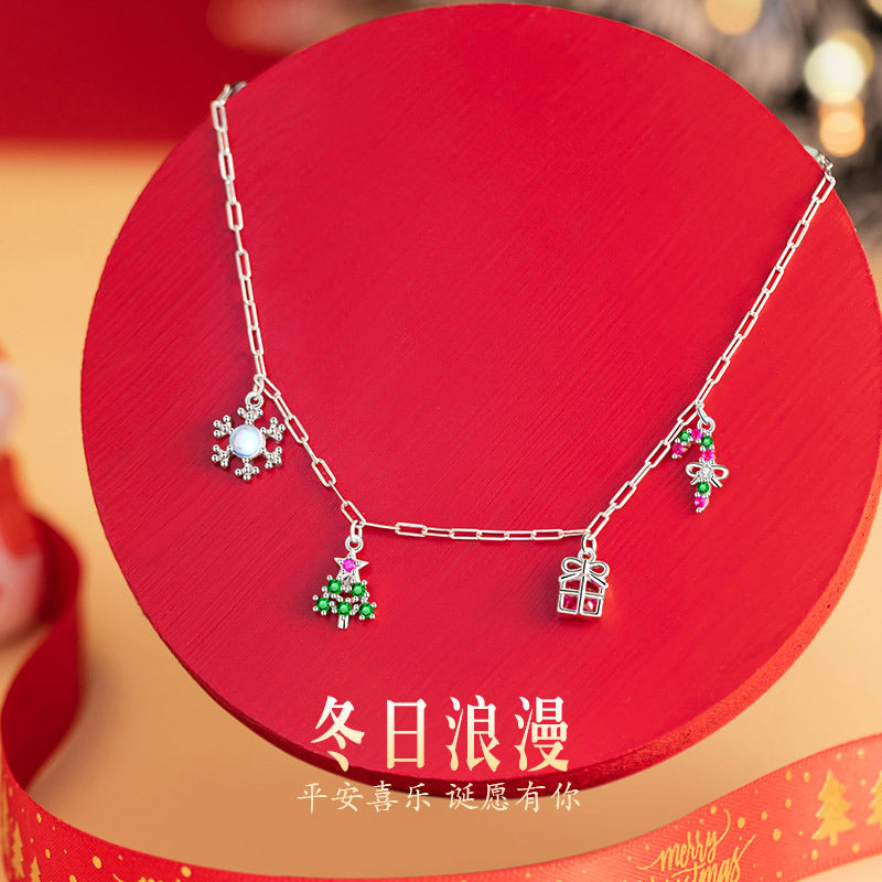 Collana in argento sterling 925 – albero di Natale e fiocco di neve e zirconi
