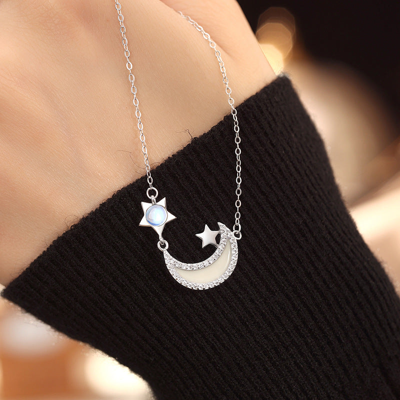 Original Design Enamel Craft Luminous S925 Sterling Silver Necklace Colored Glaze Moonstone Niche Simple Star Moon Clavicle Chain