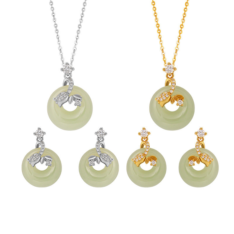 National Style Hetian Jade Princess Buckle S925 Sterling Silver Necklace Earrings Light Luxury Niche High-Grade Retro New Chinese Style Suit