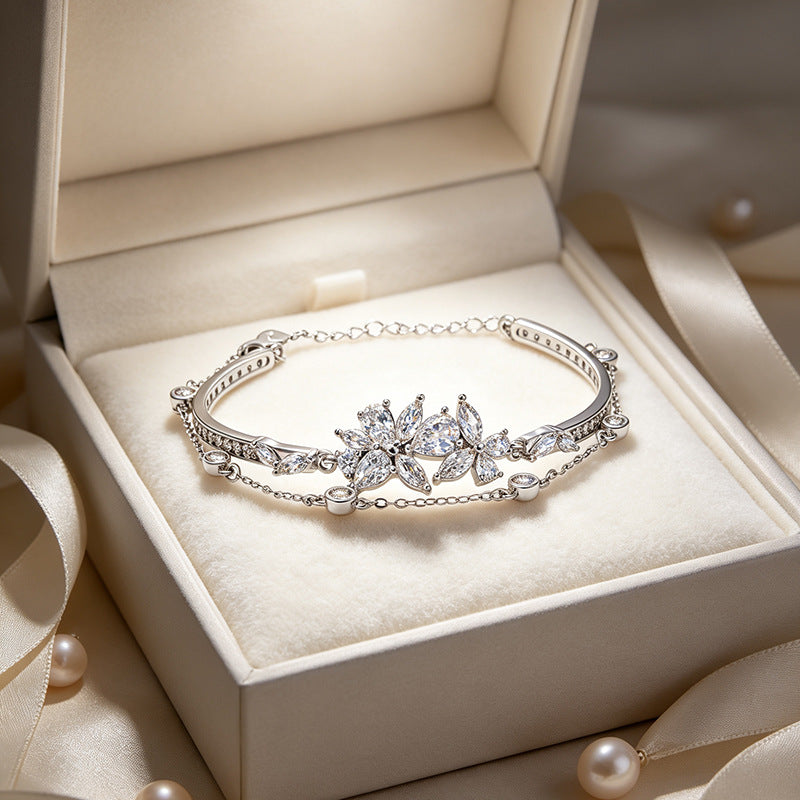 S925 Sterling Silver Bracelet Women's Light Luxury Double-Layer Design Flower Bracelet Banquet High-Grade Accessories Niche Gift for Girlfriend