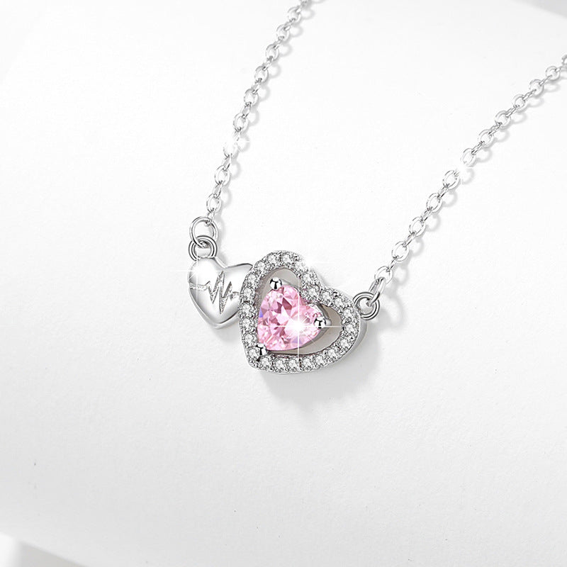 Lovely Sterling Silver 925 Necklace Female Niche Design Light Luxury Pink Diamond Clavicle Chain Get Things Ins Style ECG Pendant